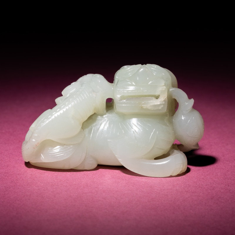 清 青白玉太獅少獅把件 | A Chinese Pale Celadon Jade Group of Fu Lions, Qing Dynasty