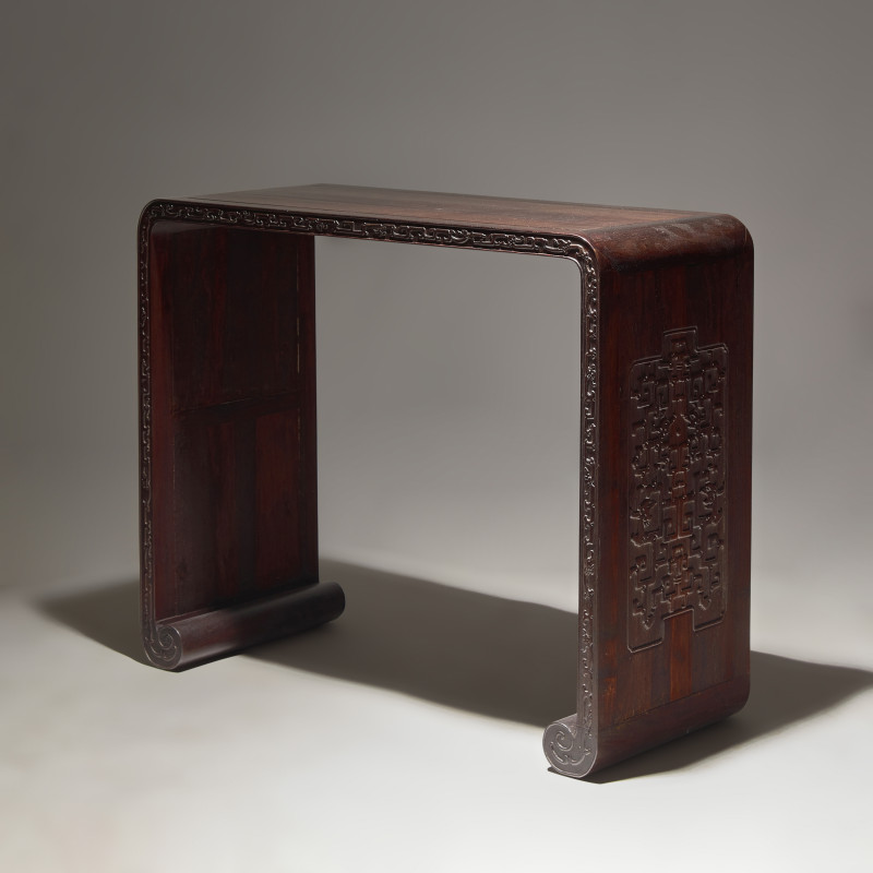 紫檀及硬木夔龍紋下卷式小條案 | A Chinese Zitan and Hardwood Scroll-Form Altar Table