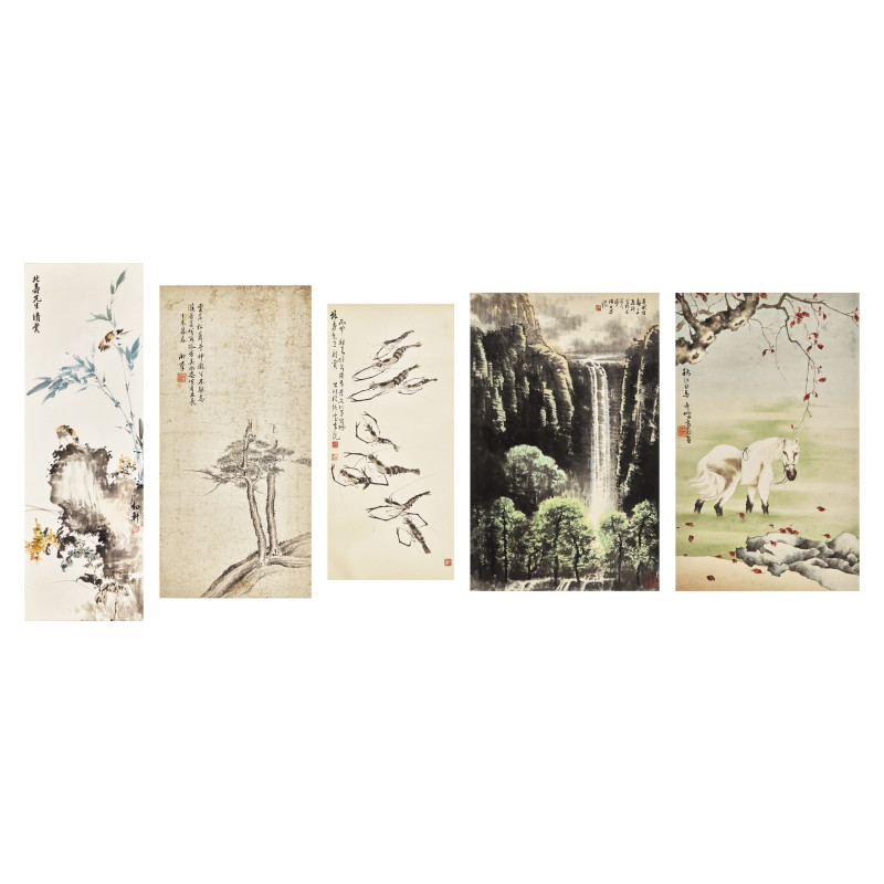 黃北壽舊藏書畫一組九件 | Five Chinese Hanging Scroll Paintings and Four Calligraphy Dedicated to Huang Beishou (1913-2000)