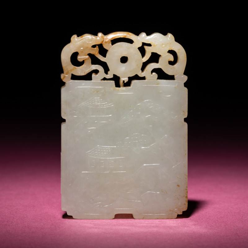 清中期 白玉留皮山水詩文圖牌 | A Chinese Carved and Inscribed Russet and White Jade Rectangular Plaque, 18th/19th Century
