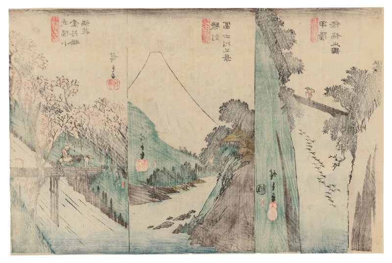 UTAGAWA HIROSHIGE (1797-1858)  Full Bloom at Koganei Bridge in Buyo, View of the Fuji River in Suruga and Monkey Bridge in Koyo - 图2