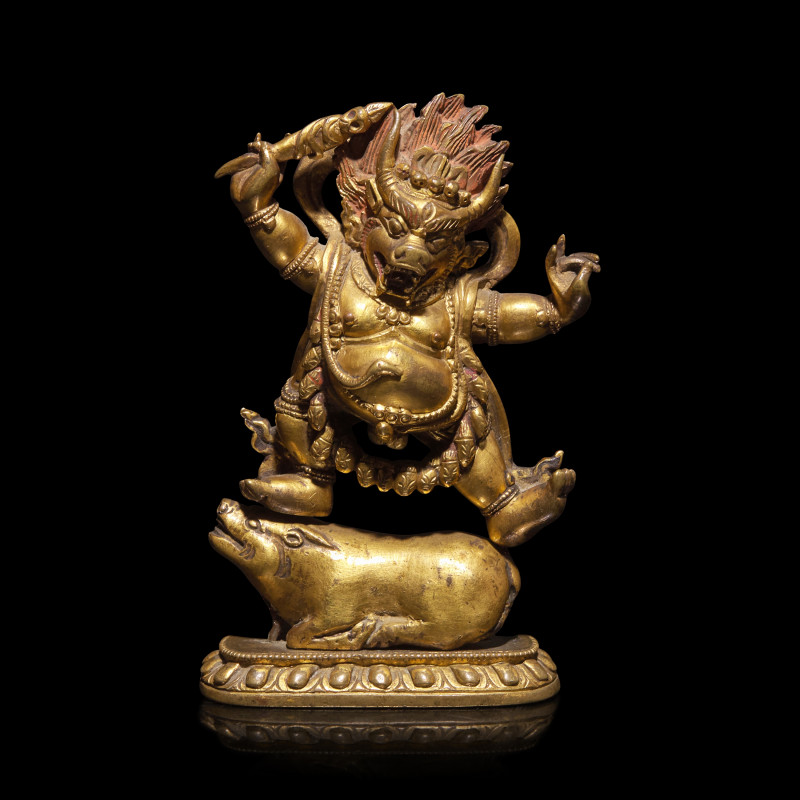 十七/十八世紀 銅鎏金閻摩法王立像 | A Sino Tibetan Gilt Bronze Figure of Yama Dharmaraja, Qing Dynasty, 17th/18th Century