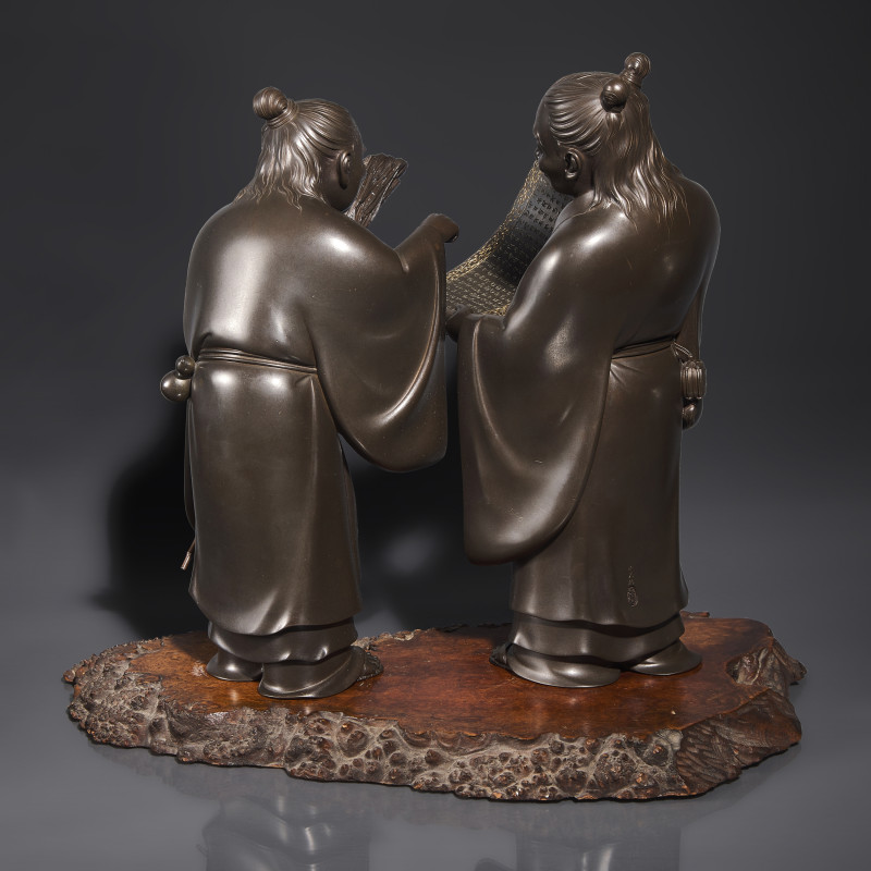 日本明治晚期-大正時代 正光軒如雪銅像一組 | A Fine Pair of Japanese Patinated Bronze Figures of Kanzan and Jittoku, Yamashita Josetsu, Late Meiji-Taisho Period - 图5