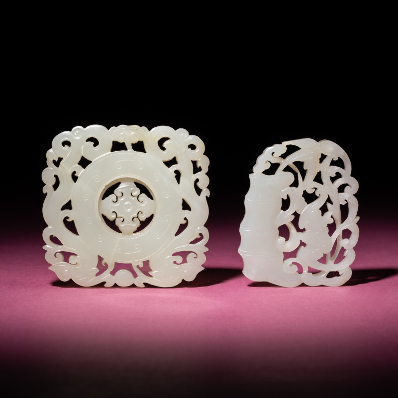 清晚期 白玉鏤雕佩兩枚 | Two Chinese White Jade Reticulated Pendants, 19th Century