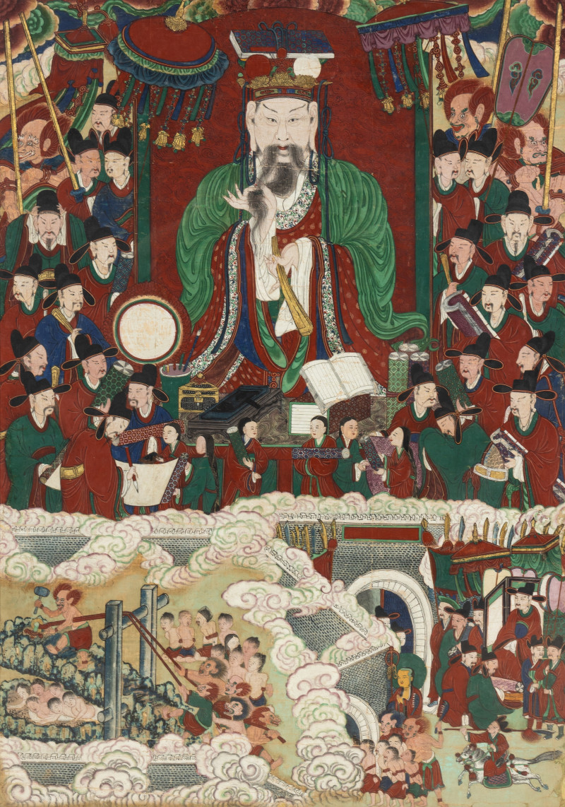 朝鮮王朝 冥府十王之第八平等大王 | A Large Korean Painting Depicting a King of Hell, 19th Century - 图2