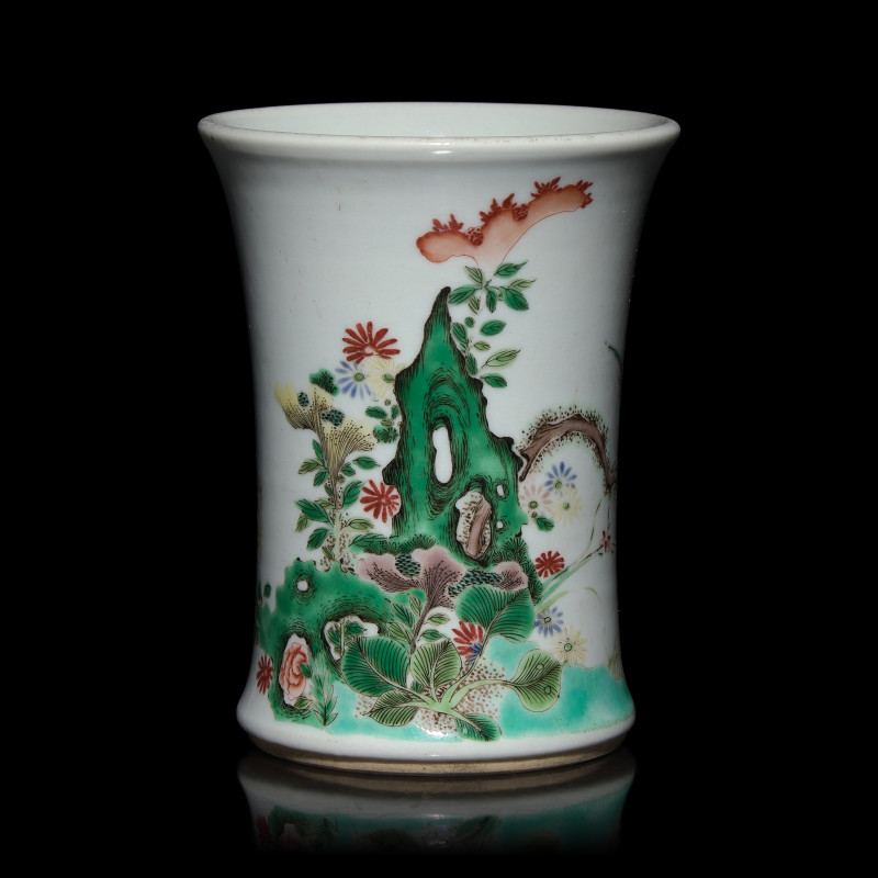 五彩花鳥圖小筆筒 | A Small Chinese Famille Verte Brush Pot, Bitong