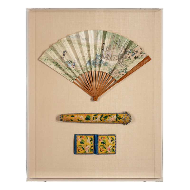清晚期 紙本設色采蓮圖摺扇及黃地綉花扇套、錢包一套 | A Chinese Painted Folding Fan and Two Silk-Embroidered Accessories, 19th Century