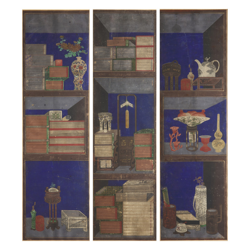 李宅均（款，朝鮮王朝，1808-1883以后）《冊架圖》三幅 | Attributed to Lee Taek-Gyun (Korean, 1808-after 1883), A Set of Three Books and Scholars’ Accoutrements (Chaekgeori) Paintings, Joseon Dynasty,...