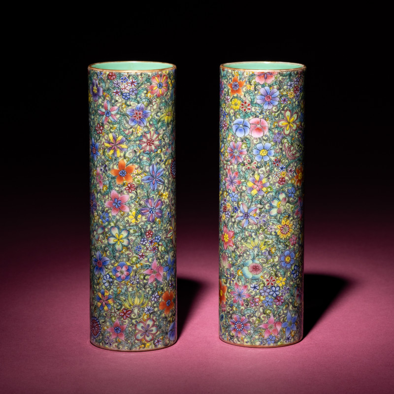 民國 粉彩百花不落地筆筒一對 | A Pair of Chinese Famille Rose 'Mille Fleur' Porcelain Brush Holders, Early 20th Century - 图3