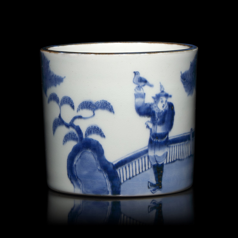 日本江戶-明治時代 青花南蠻人物圖筆筒 | A Small Japanese Blue and White Porcelain ‘Nanban’ Brush Pot, Edo to Meiji Period - 图2