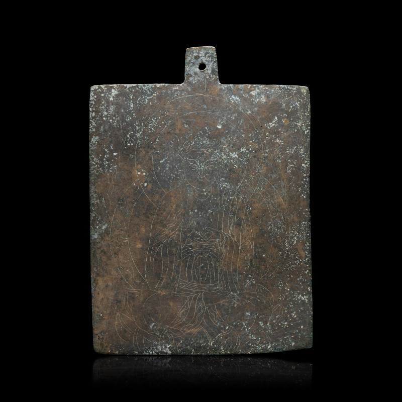 遼-金 雙面綫刻銅佛板 | A Chinese Bronze Incised Buddhist Votive Plaque, Liao-Jin Dynasty