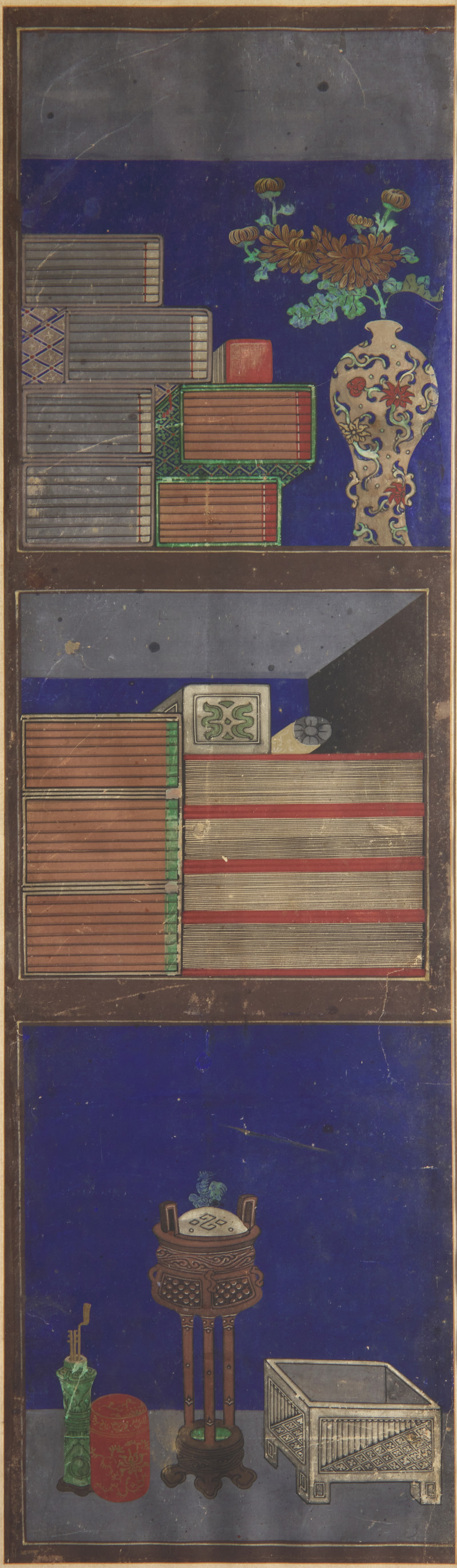 李宅均（款，朝鮮王朝，1808-1883以后）《冊架圖》三幅 | Attributed to Lee Taek-Gyun (Korean, 1808-after 1883), A Set of Three Books and Scholars’ Accoutrements (Chaekgeori) Paintings, Joseon Dynasty,... - 图2