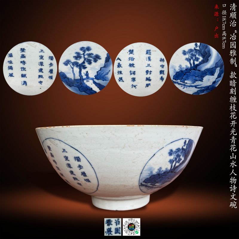 清顺治 “冶园雅制”款暗刻缠枝花开光青花山水人物诗文碗 - 图17