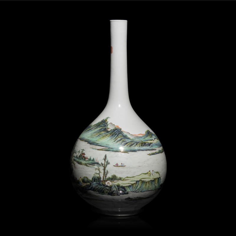 民國/近代 粉彩山水詩文長頸瓶 | A Chinese Famille Rose 'Landscape' Porcelain Vase, Republic Period/20th Century - 图2
