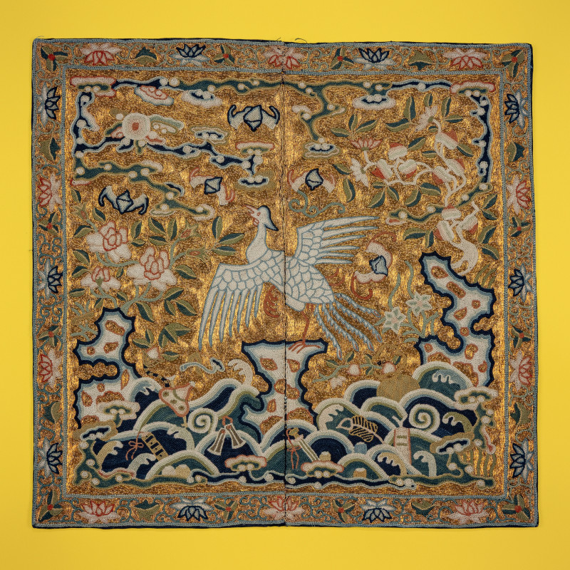 清嘉慶 盤金綉五品文官白鷳補子 | A Chinese Embroidered Gold Ground 'Silver Pheasant' Rank Badge, Jiaqing Period