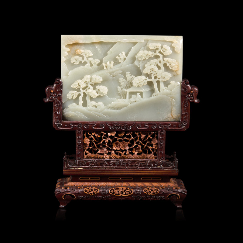 清中期 青白玉双面工漁樵耕讀圖砚屏 | A Chinese Pale Celadon Jade 'Figures in Landscape' Rectangular Table Screen, 18th/Early 19th Century
