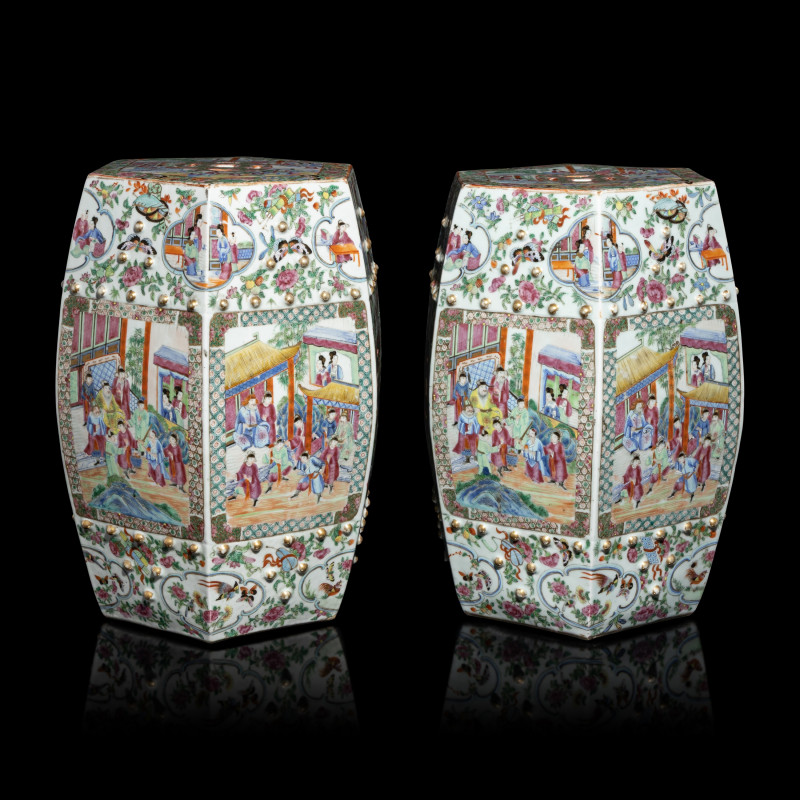清晚期 廣彩人物故事圖六方瓷坐墩 | A Pair of Chinese Canton Famille Rose Porcelain Hexagonal Garden Stools, 19th Century
