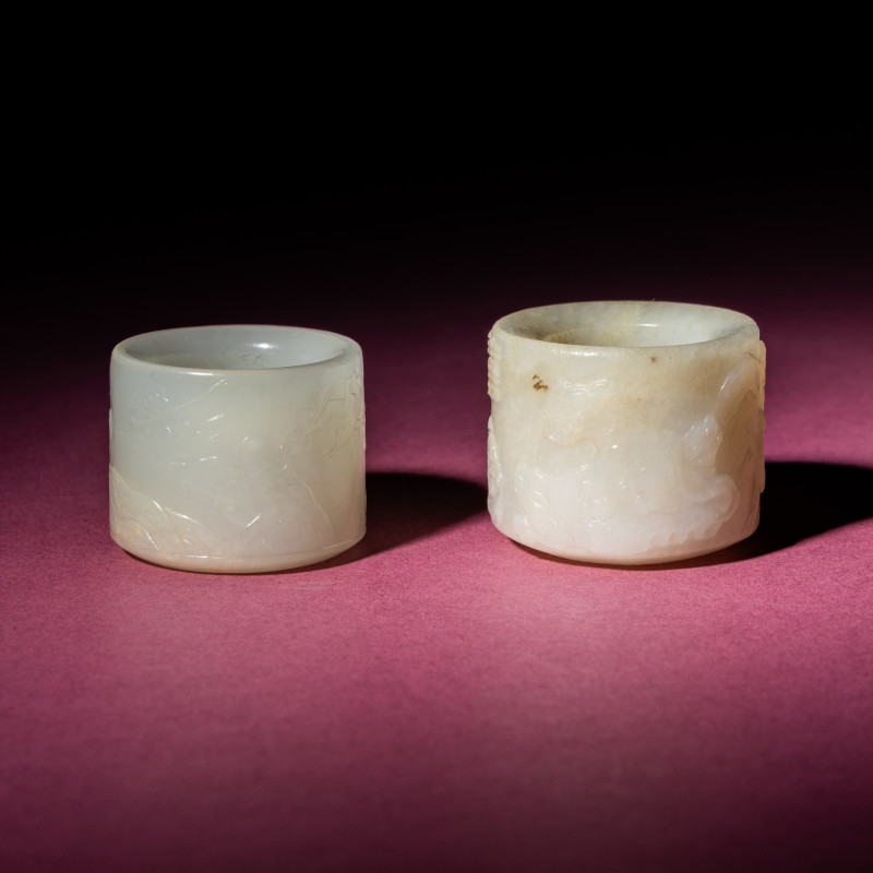 清中期 白玉扳指兩枚 | Two Chinese White Jade Carved and Inscribed Archer's Rings, 18th/19th Century