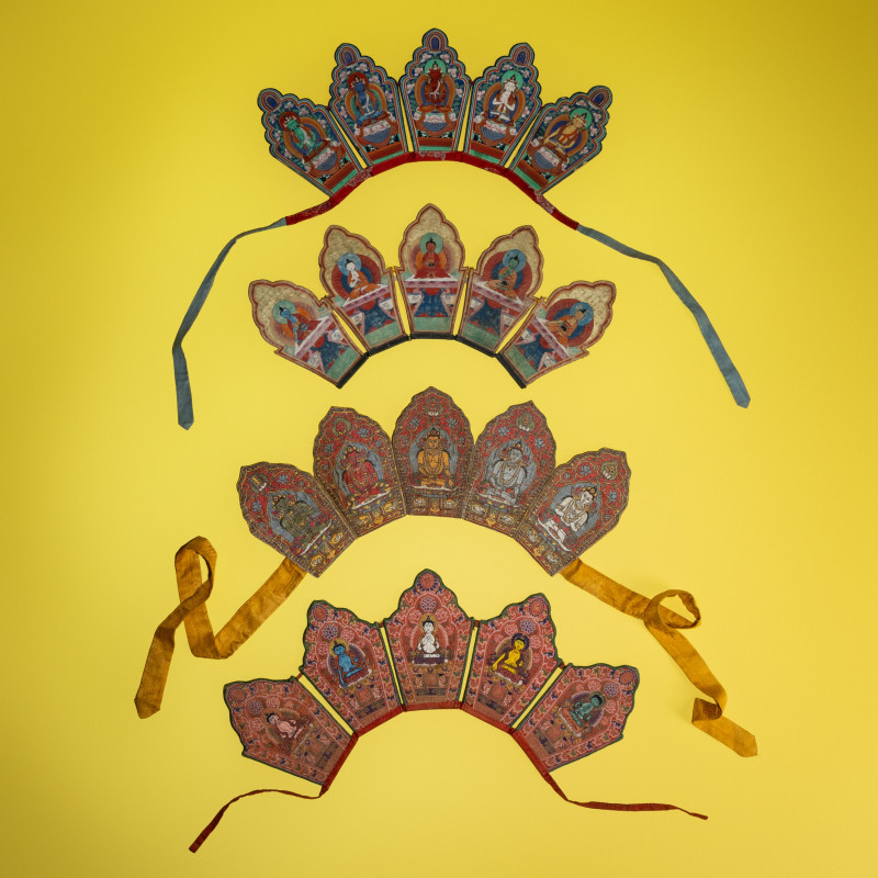 清晚期 五佛冠四種 | Four Chinese and Sino-Tibetan Five-Pointed Ritual Diadems, Wufoguan , 19th Century