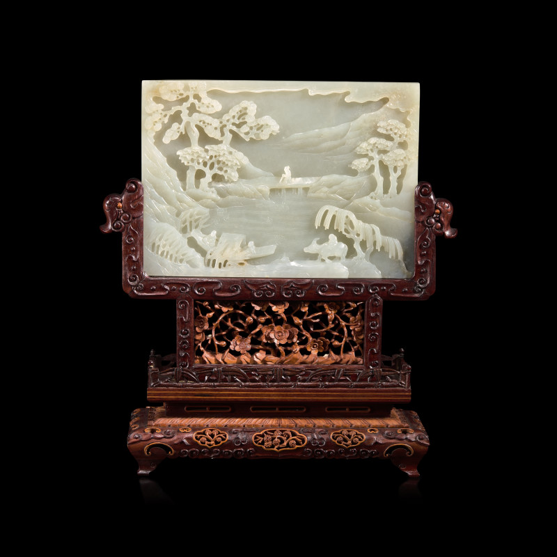 清中期 青白玉双面工漁樵耕讀圖砚屏 | A Chinese Pale Celadon Jade 'Figures in Landscape' Rectangular Table Screen, 18th/Early 19th Century - 图2