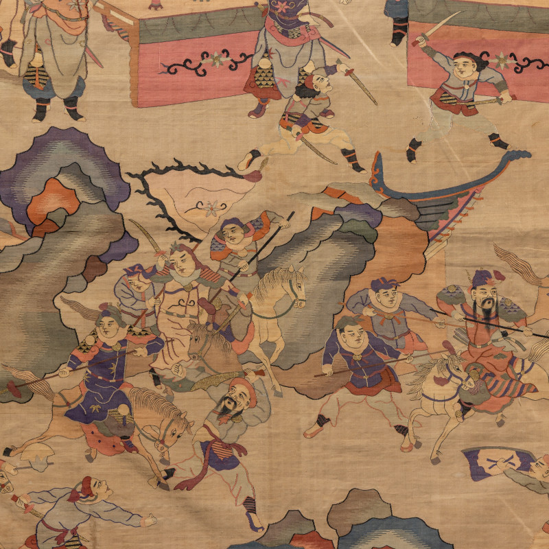 清晚期 緙絲刀馬人物圖大挂賬 | A Large Chinese Kesi Silk 'Battle Scene' Panel, Late Qing Dynasty - 图2