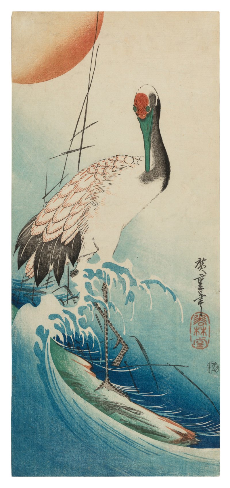 UTAGAWA HIROSHIGE (1797-1858)  Crane Standing on a Rock amid Waves under Rising Sun - 图1