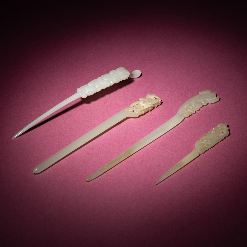 清 玉簪四支 | Four Chinese Carved Jade Hairpins, Qing Dynasty