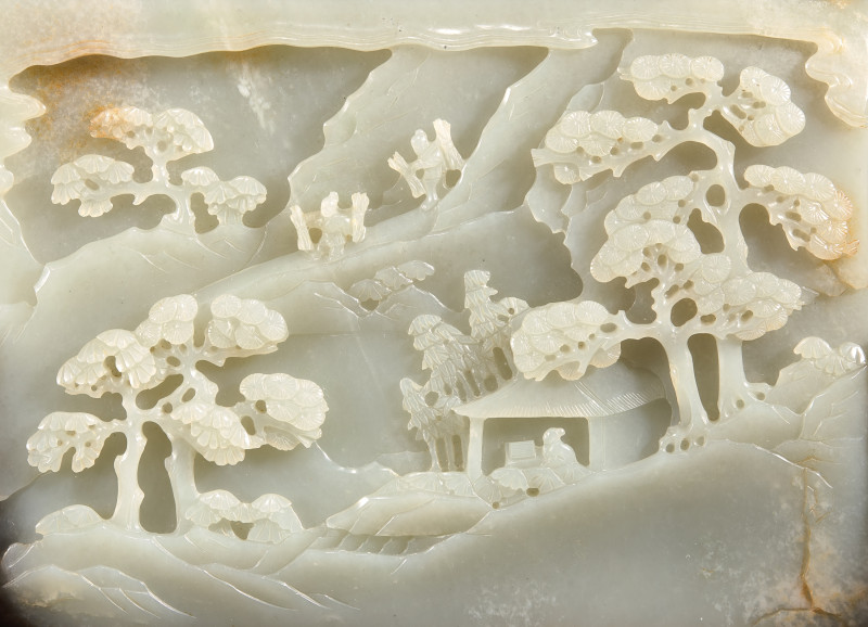 清中期 青白玉双面工漁樵耕讀圖砚屏 | A Chinese Pale Celadon Jade 'Figures in Landscape' Rectangular Table Screen, 18th/Early 19th Century - 图3