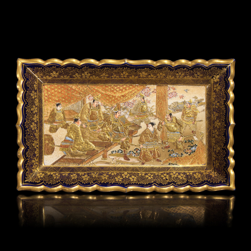日本明治時代 錦光山造薩摩燒人物故事圖長方盤 | A Japanese Satsuma-Type Rectangular Tray, Kinkozan Studios, Meiji Period