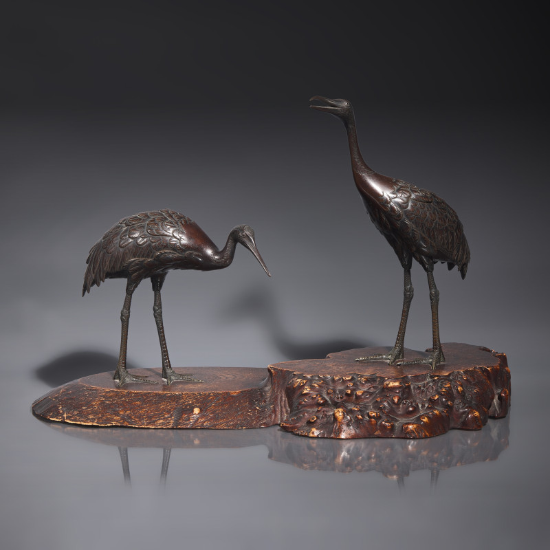 日本明治時代 銅鶴一對 | A Japanese Patinated Bronze 'Cranes' Figural Group, Hidenao, Meiji Period