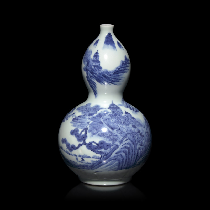 日本江戶-明治早期 平戶燒青花山水圖葫蘆瓶 | A Japanese Hirado Blue and White Double-Gourd Vase, Edo to Early Meiji Period