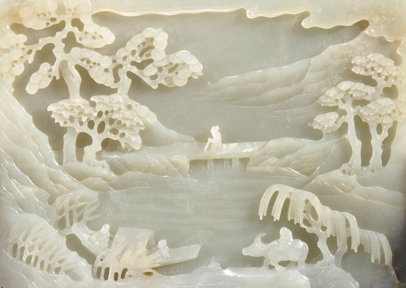 清中期 青白玉双面工漁樵耕讀圖砚屏 | A Chinese Pale Celadon Jade 'Figures in Landscape' Rectangular Table Screen, 18th/Early 19th Century - 图4