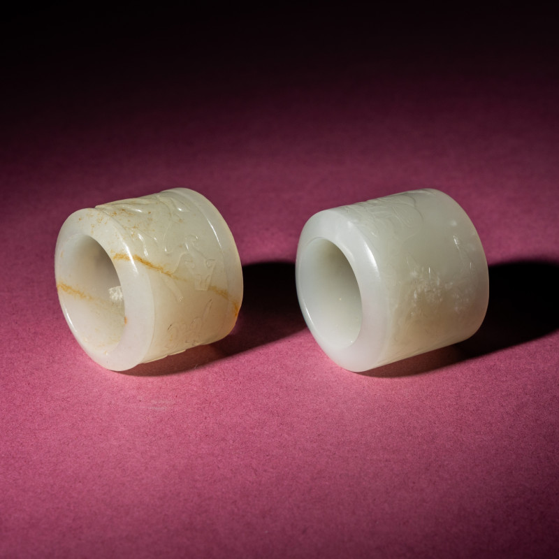 清中期 白玉刻動物紋扳指兩枚 | Two Chinese White Jade 'Animal' Archer's Rings, 18th Century - 图6