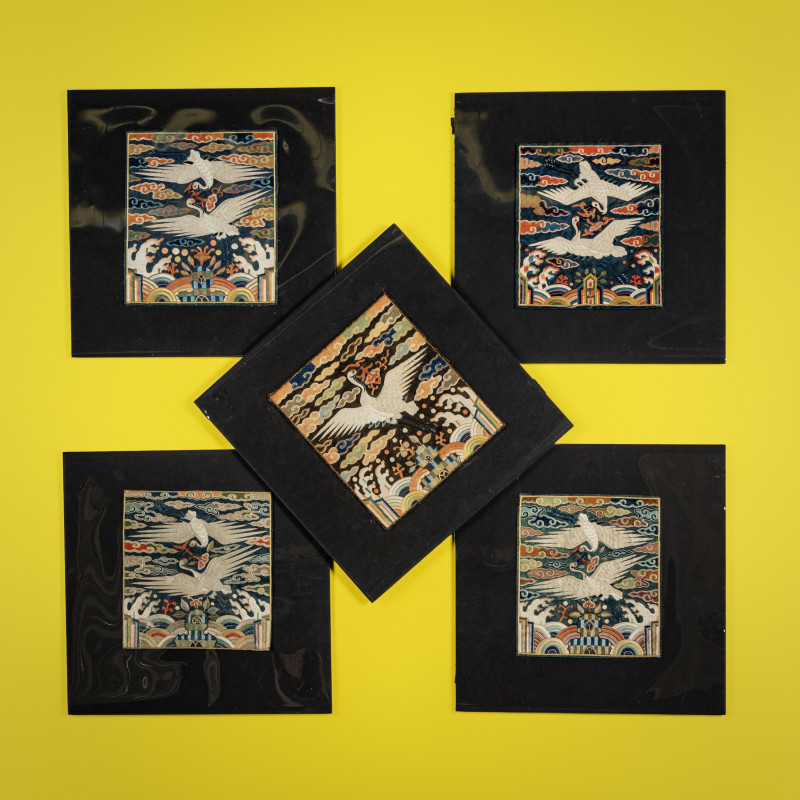 朝鮮王朝 文官鶴紋補子五件 | Five Korean Embroidered Silk 'Crane' Civil Official Rank Badges, Joseon Dynasty, 19th Century
