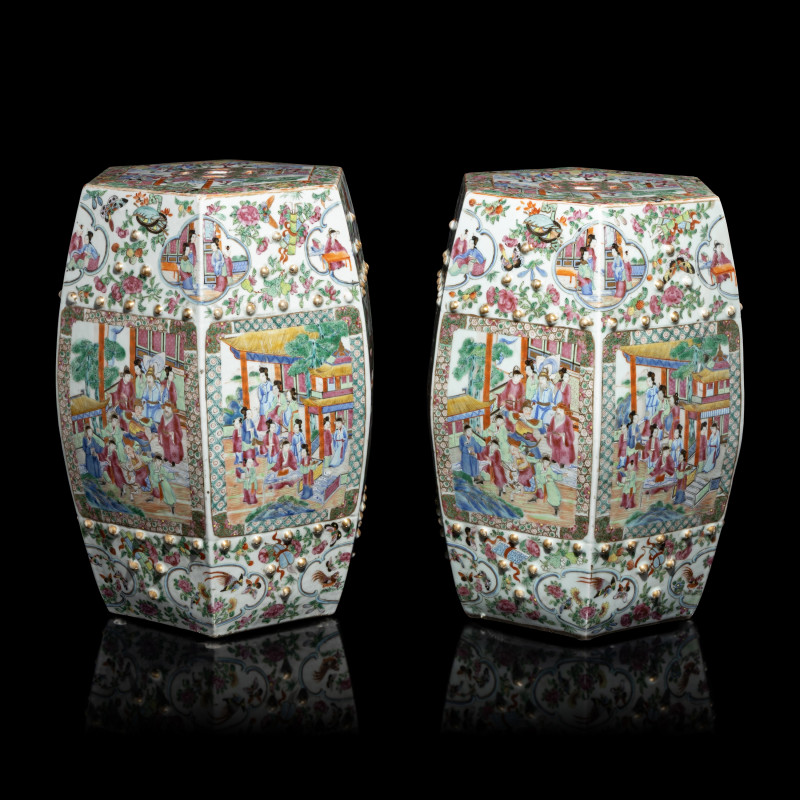 清晚期 廣彩人物故事圖六方瓷坐墩 | A Pair of Chinese Canton Famille Rose Porcelain Hexagonal Garden Stools, 19th Century - 图4