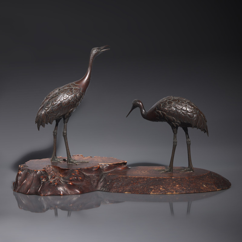 日本明治時代 銅鶴一對 | A Japanese Patinated Bronze 'Cranes' Figural Group, Hidenao, Meiji Period - 图2