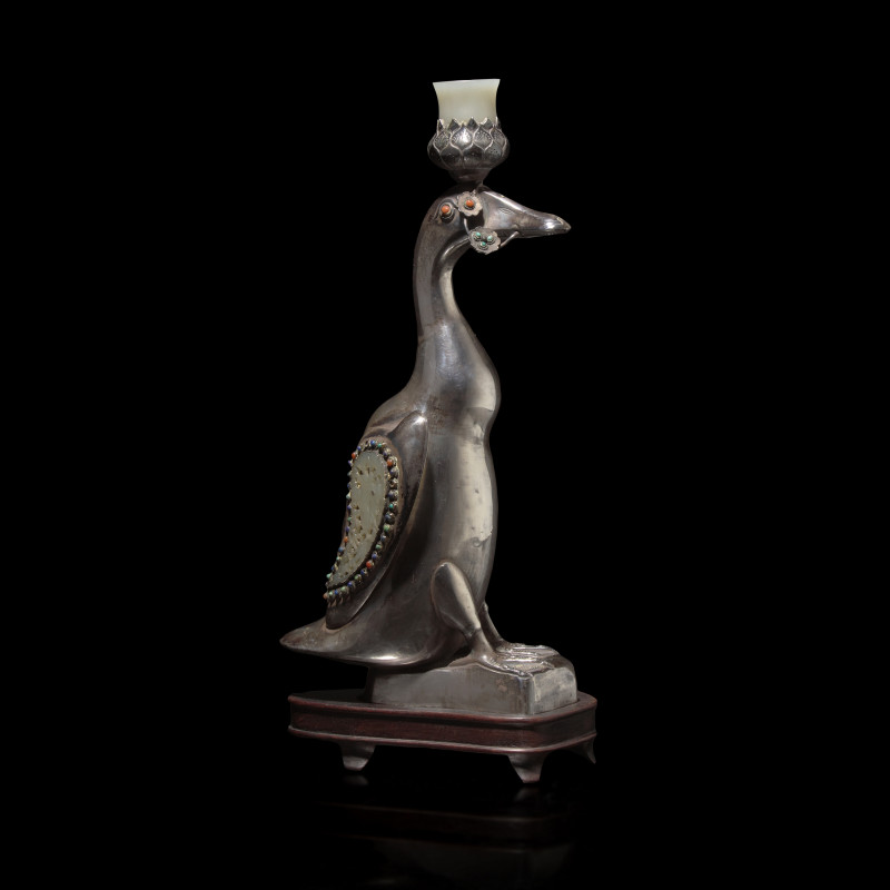 晚清-民國 銀鑲玉嵌寳鴨形燭臺 | A Chinese Jade and Hardstone Inset Silver 'Duck' Candle Holder, Late 19th-Early 20th Century