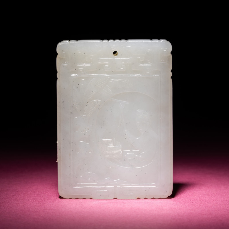 清中期 白玉詩文络丝圖子岡牌 | A Chinese Carved and Inscribed White Jade Rectangular Plaque, 18th/19th Century