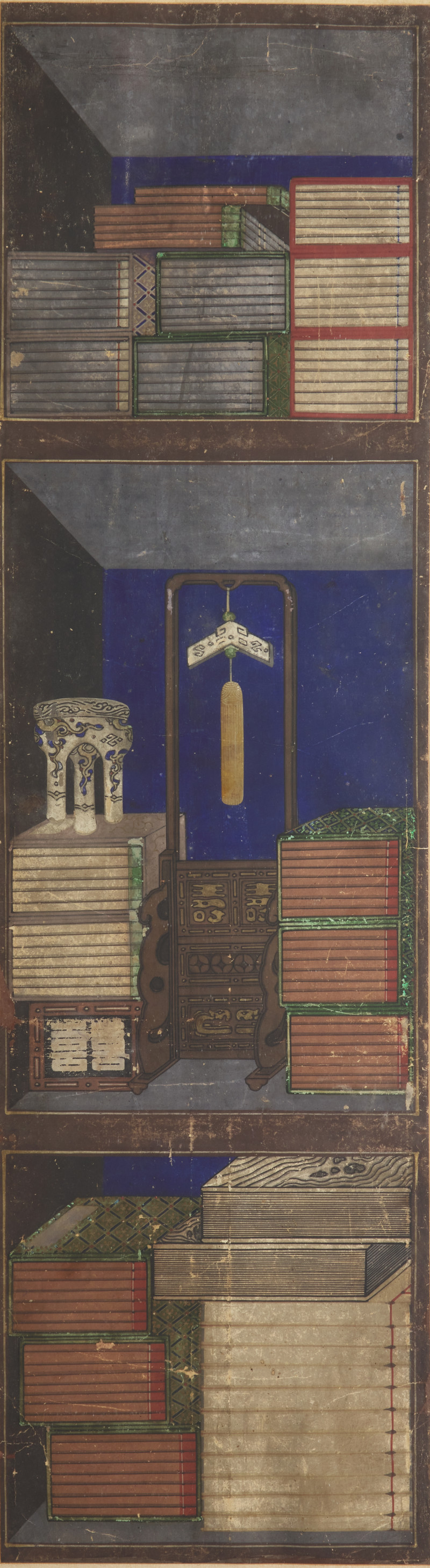 李宅均（款，朝鮮王朝，1808-1883以后）《冊架圖》三幅 | Attributed to Lee Taek-Gyun (Korean, 1808-after 1883), A Set of Three Books and Scholars’ Accoutrements (Chaekgeori) Paintings, Joseon Dynasty,... - 图3