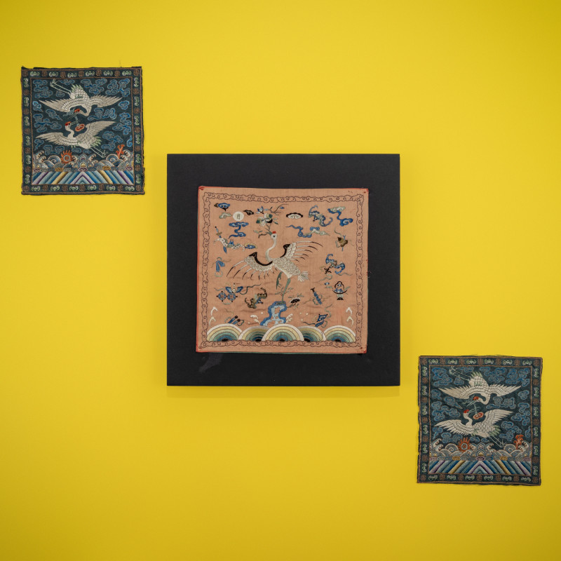 十九世紀晚期 朝鮮王朝文官鶴紋補子一對及越南鶴紋補子 | A Pair of Korean Embroidered Silk 'Double Crane' Rank Badges and a Vietnamese Salmon Pink Ground Embroidered Silk 'Crane' Rank Badge, Late 19th...