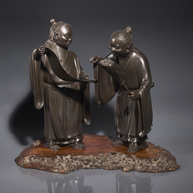 日本明治晚期-大正時代 正光軒如雪銅像一組 | A Fine Pair of Japanese Patinated Bronze Figures of Kanzan and Jittoku, Yamashita Josetsu, Late Meiji-Taisho Period