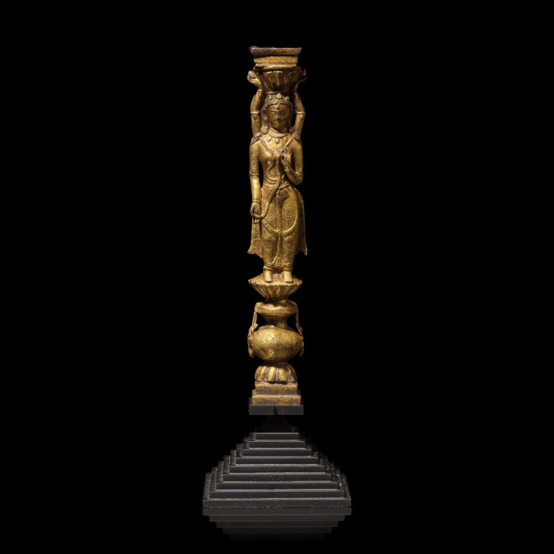 十四-十五世紀早期 丹薩替寺銅鎏金雙面塔柱 | A Tibetan Gilt Copper Alloy Double-Sided Stupa Column Support, Densatil Monastery, 14th/Early 15th Century