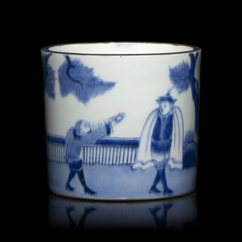 日本江戶-明治時代 青花南蠻人物圖筆筒 | A Small Japanese Blue and White Porcelain ‘Nanban’ Brush Pot, Edo to Meiji Period