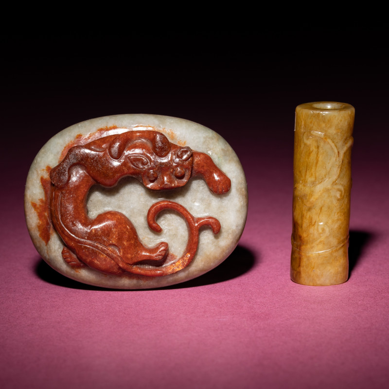 清 青玉巧雕螭龍紋佩及黃玉螭龍紋勒子 | Two Chinese Jade Pendants, Qing Dynasty