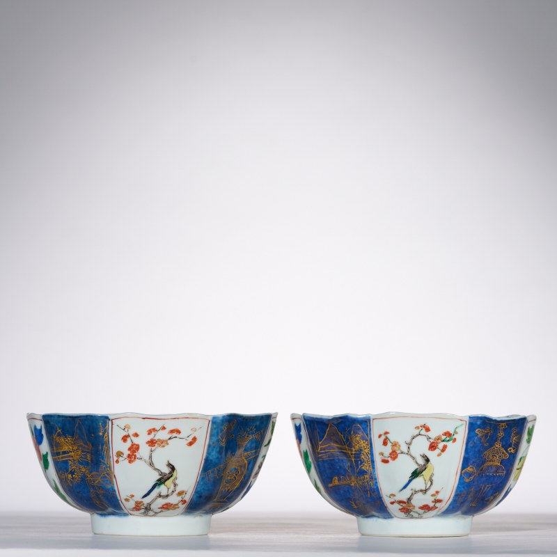 清康熙青花五彩花鸟纹八方碗两只-多宝古瓷宝典