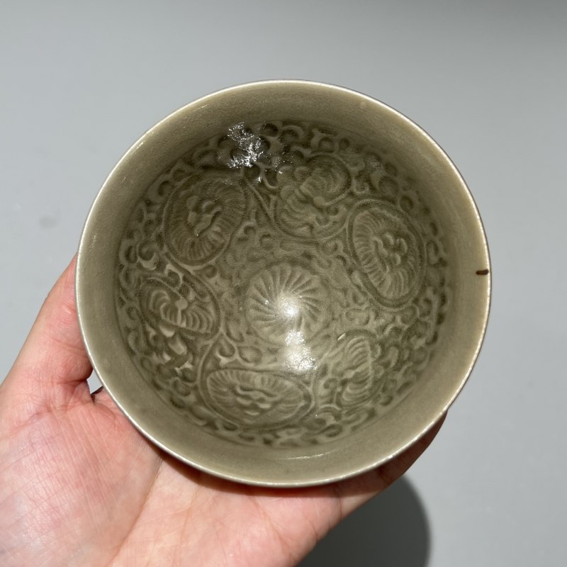 明代 青釉团菊纹盏三个一组 - 图11