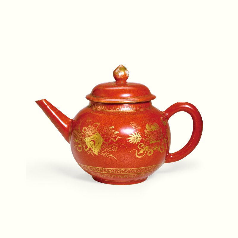 清乾隆珊瑚红描金茶壶-多宝古瓷宝典