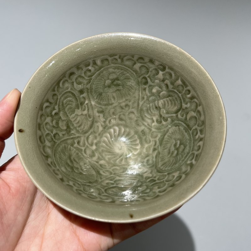 明代 青釉团菊纹盏三个一组 - 图14
