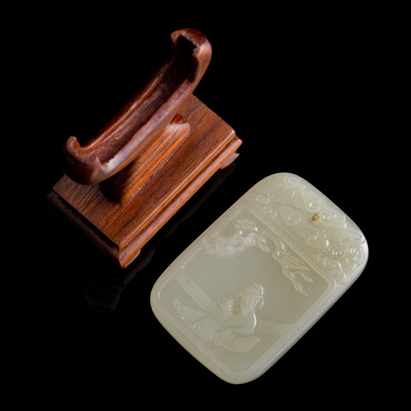 十八世紀 白玉太白醉酒詩文牌（附木座） | A Chinese white jade 'Li Bai' and 'inscription' plaque, 18th century - 图7