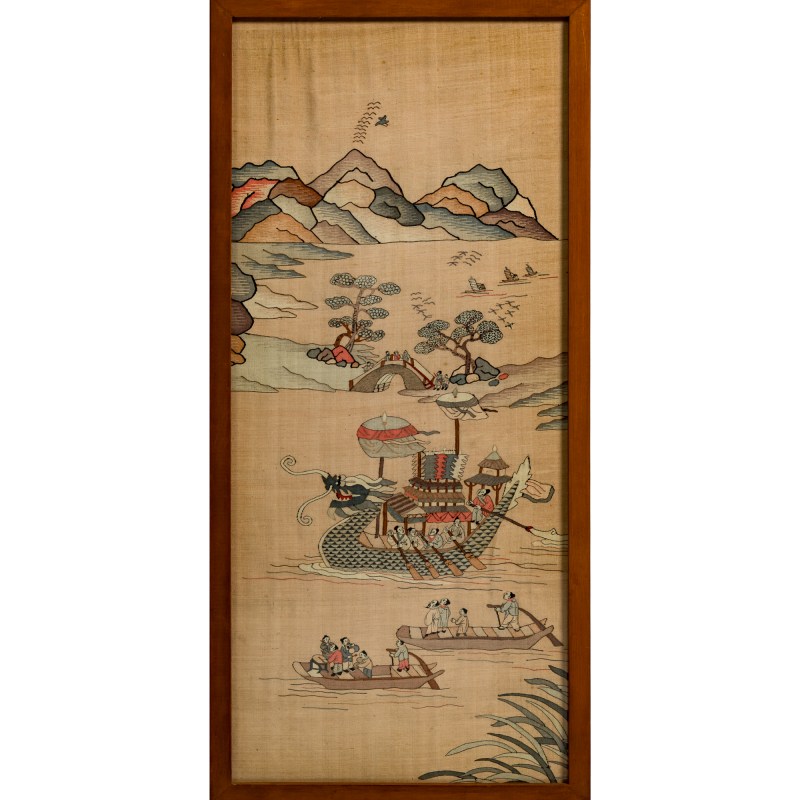 十九世紀晚 緙絲行舟圖鏡框 | A framed Chinese kesi boating scene, late 19th century